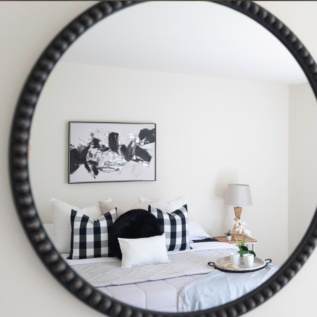 Interior bedroom mirror Outdoor atrium real estate photography image